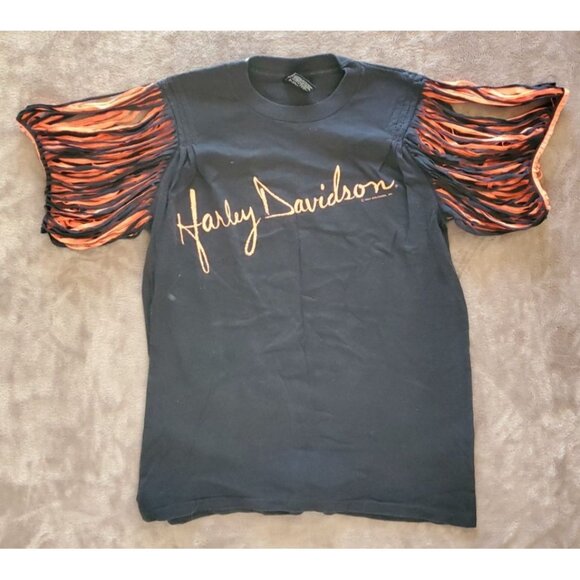 Harley-Davidson Black T-Shirt Razor Cut Sleeves Orange Logo MD Medium100% Cotton - Picture 10 of 10